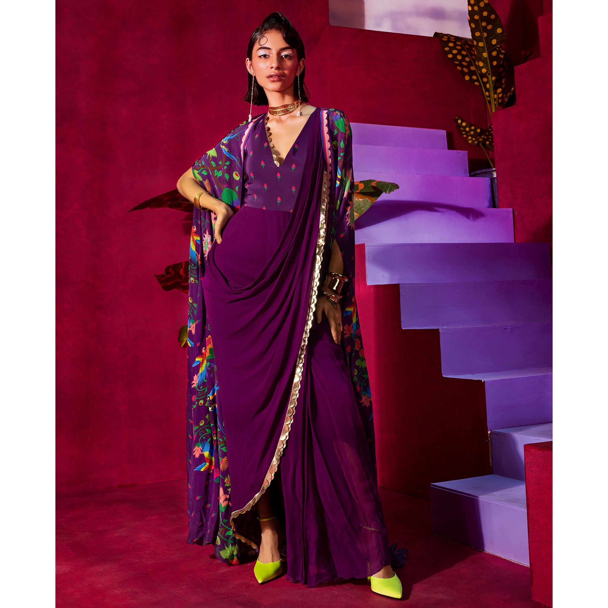 Embroidered Pre-Draped Sari with a Cape