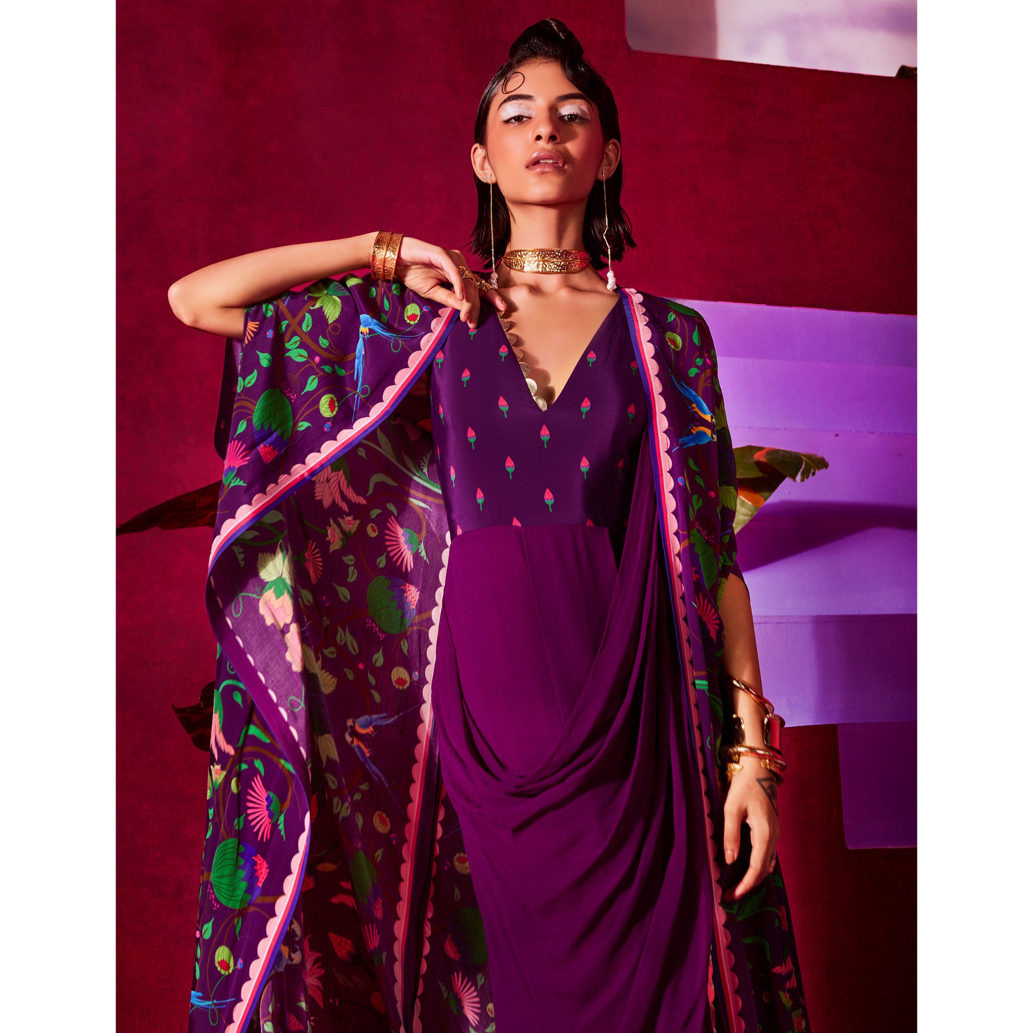 Embroidered Pre-Draped Sari with a Cape