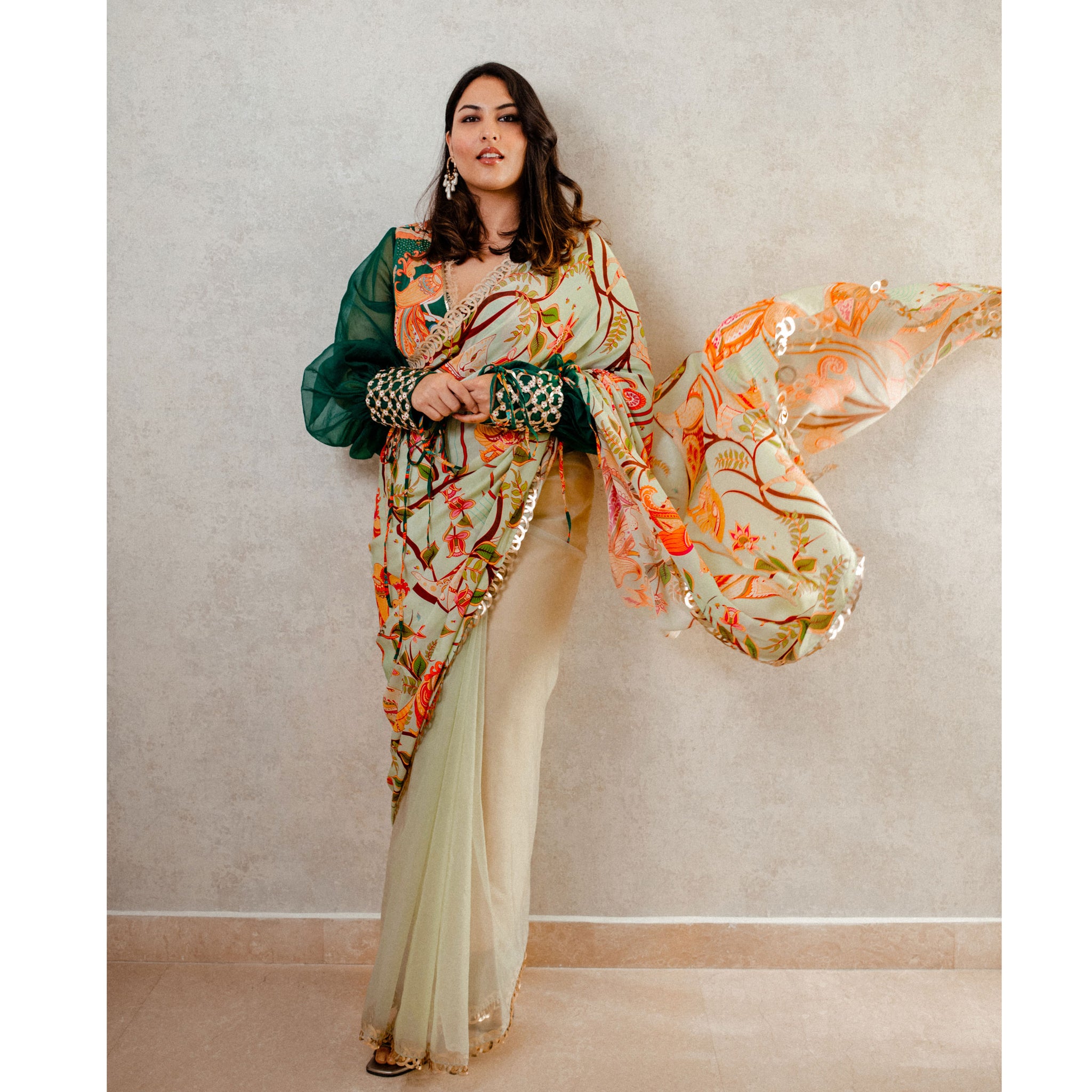 Embroidered Half & Half Printed Sari