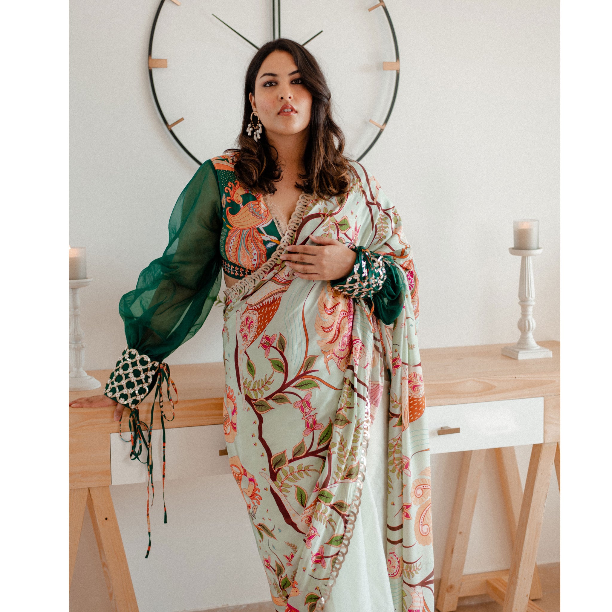 Embroidered Half & Half Printed Sari