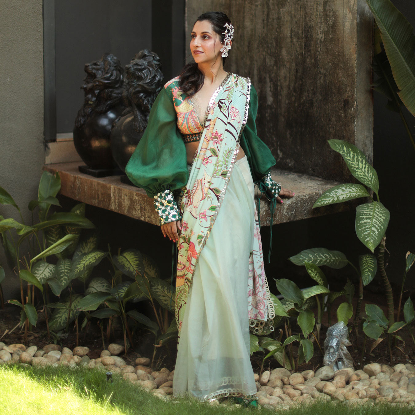 Embroidered Half & Half Printed Sari