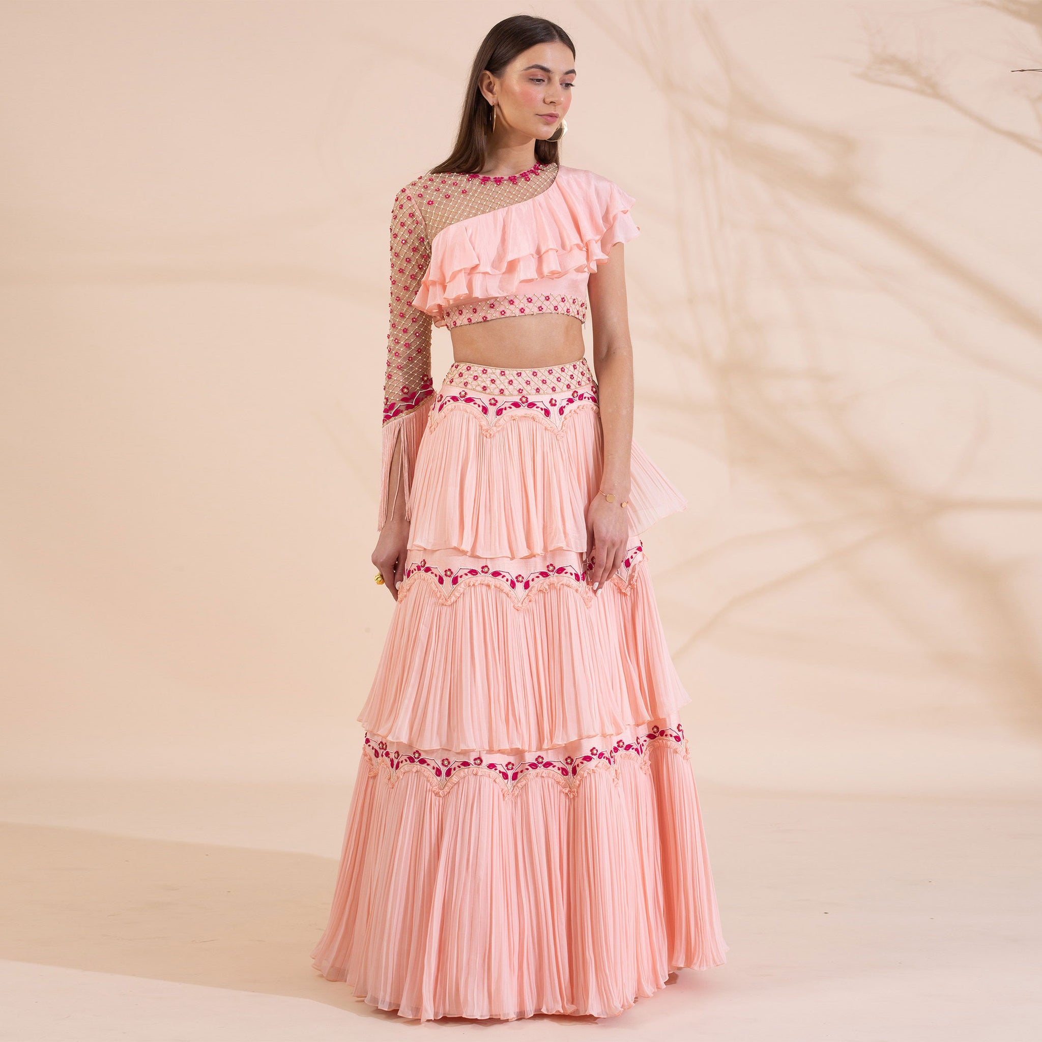 Embroidered Blouse with Layered Lehenga