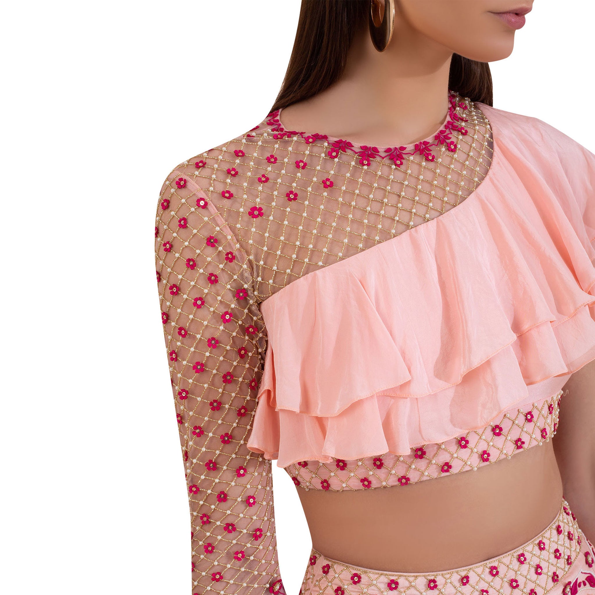 Embroidered Blouse with Layered Lehenga