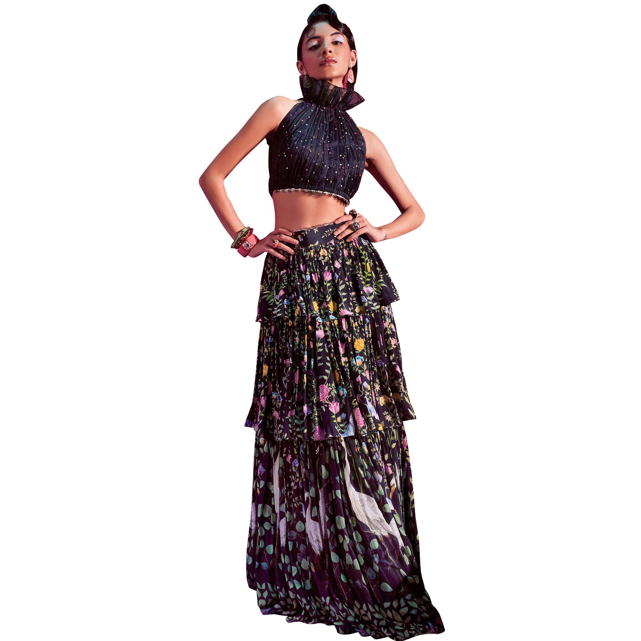 Embellished  Croptop with Tiered Skirt