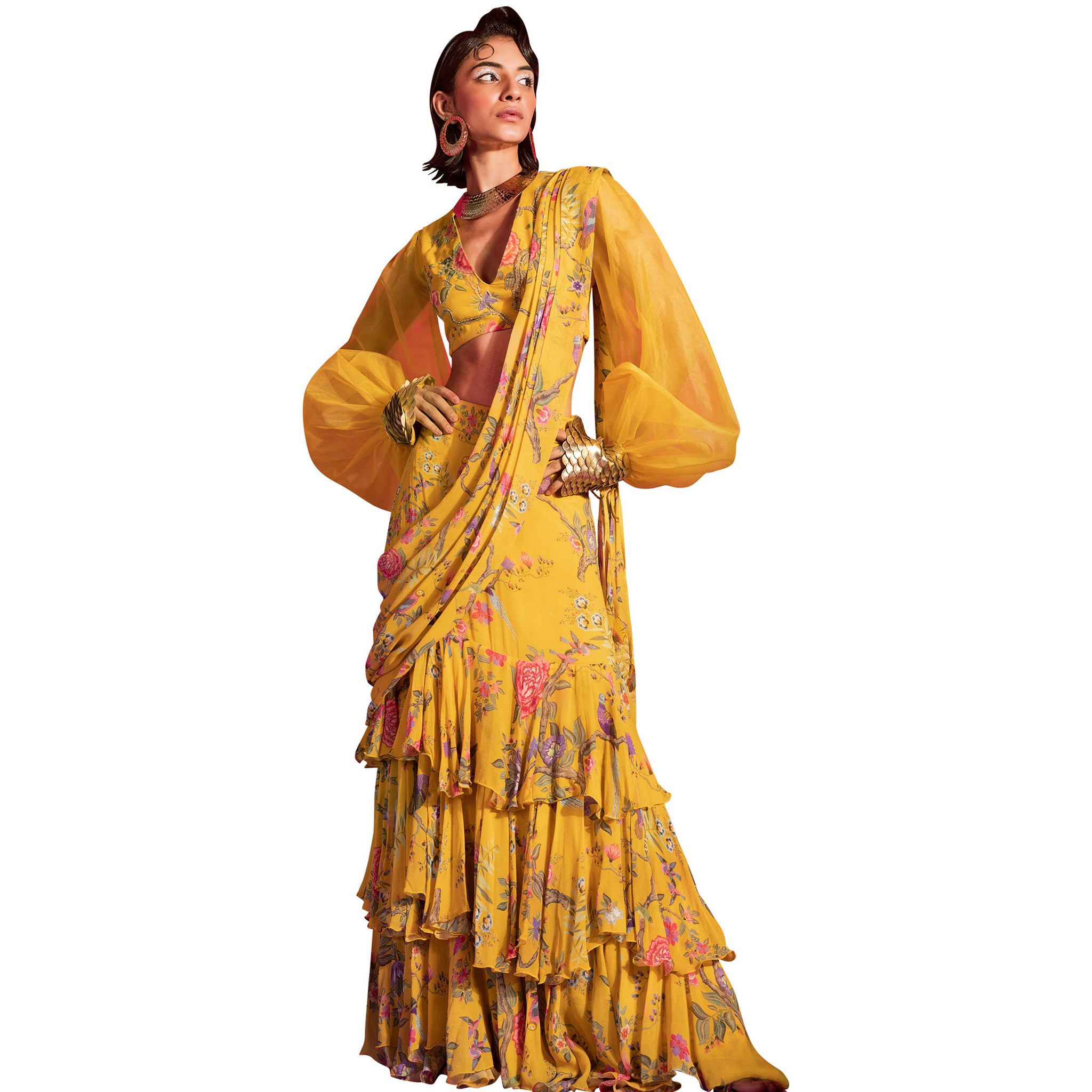 Embroidered Pre-draped Sari Set