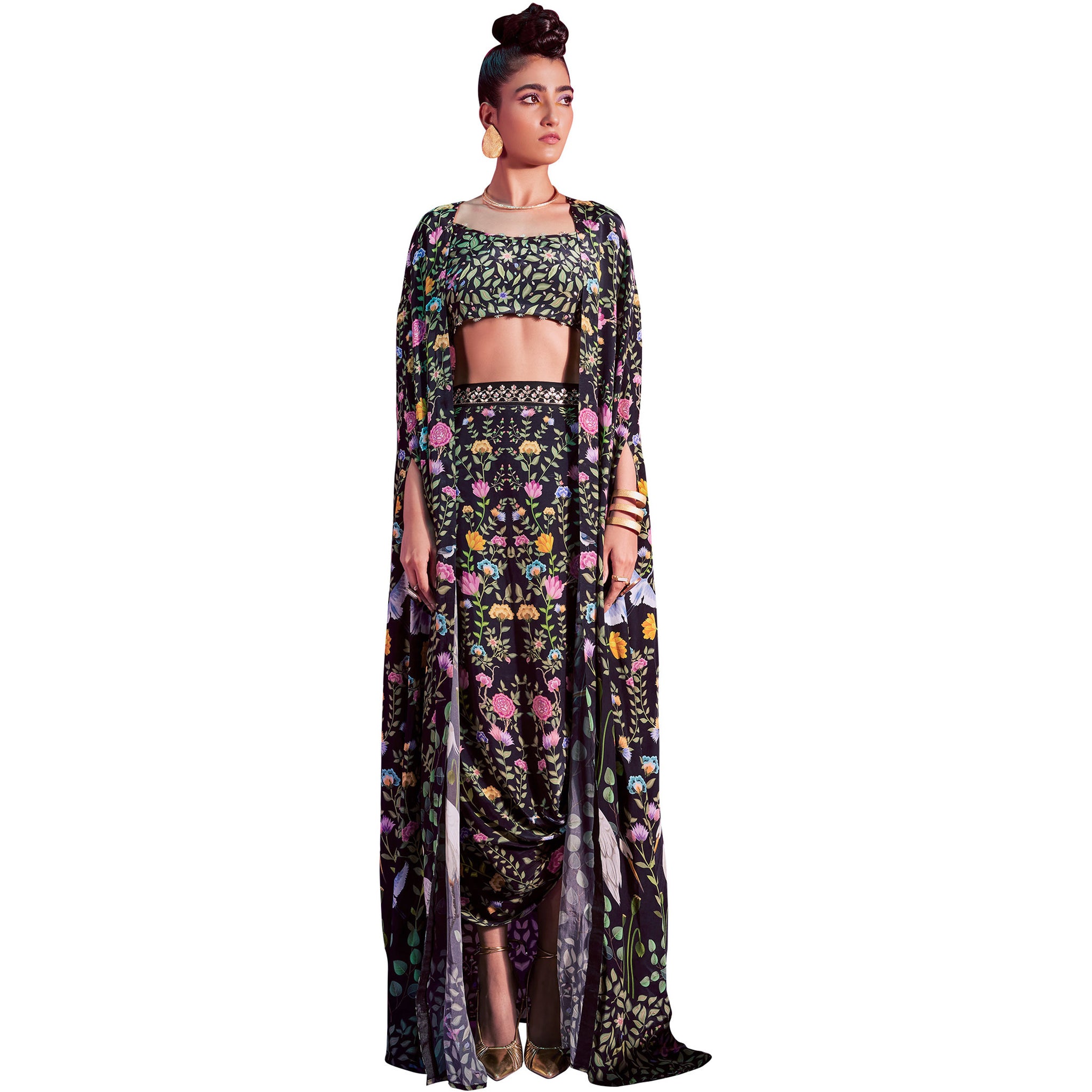 Embroidered Crop Top with Cape & Draped Skirt