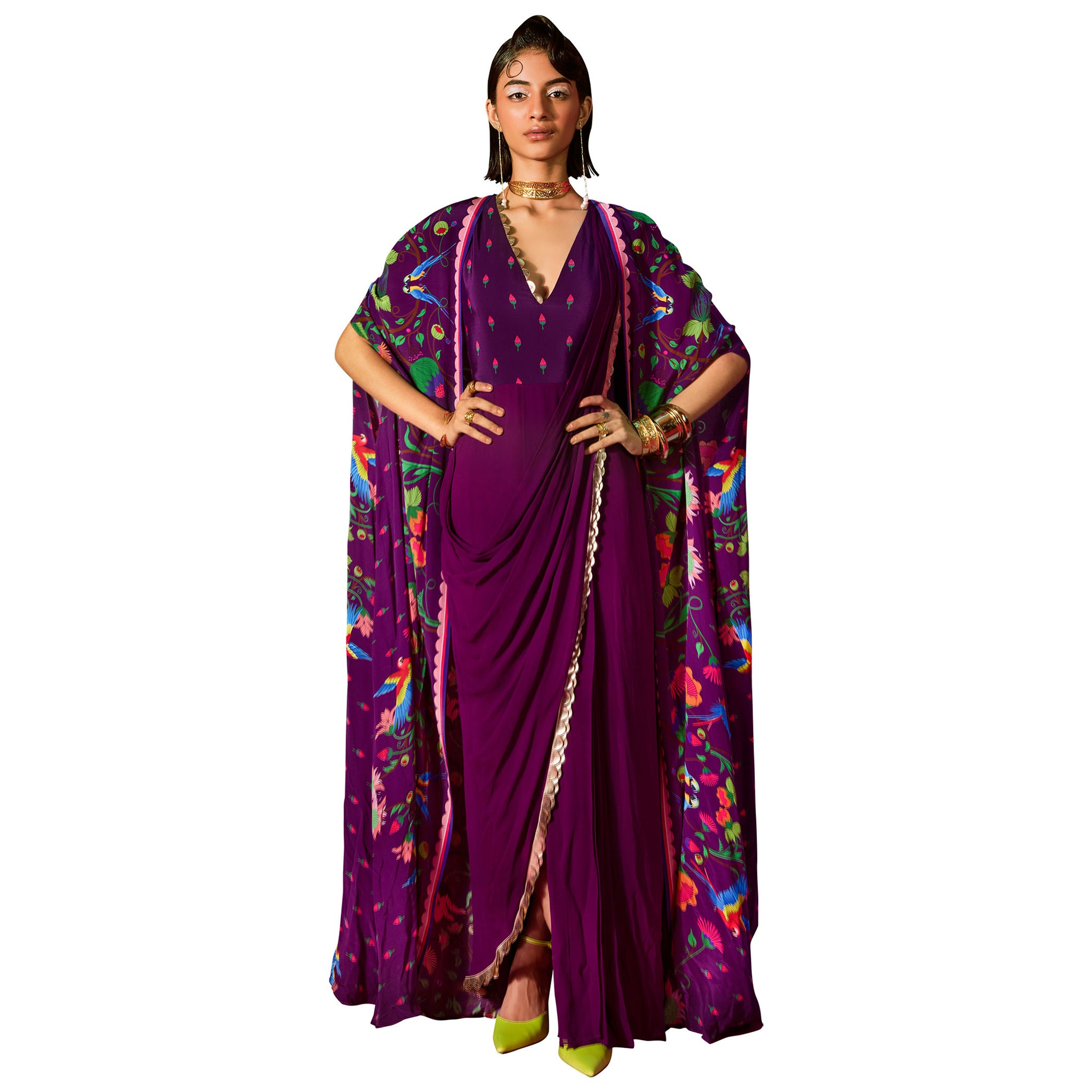 Embroidered Pre-Draped Sari with a Cape