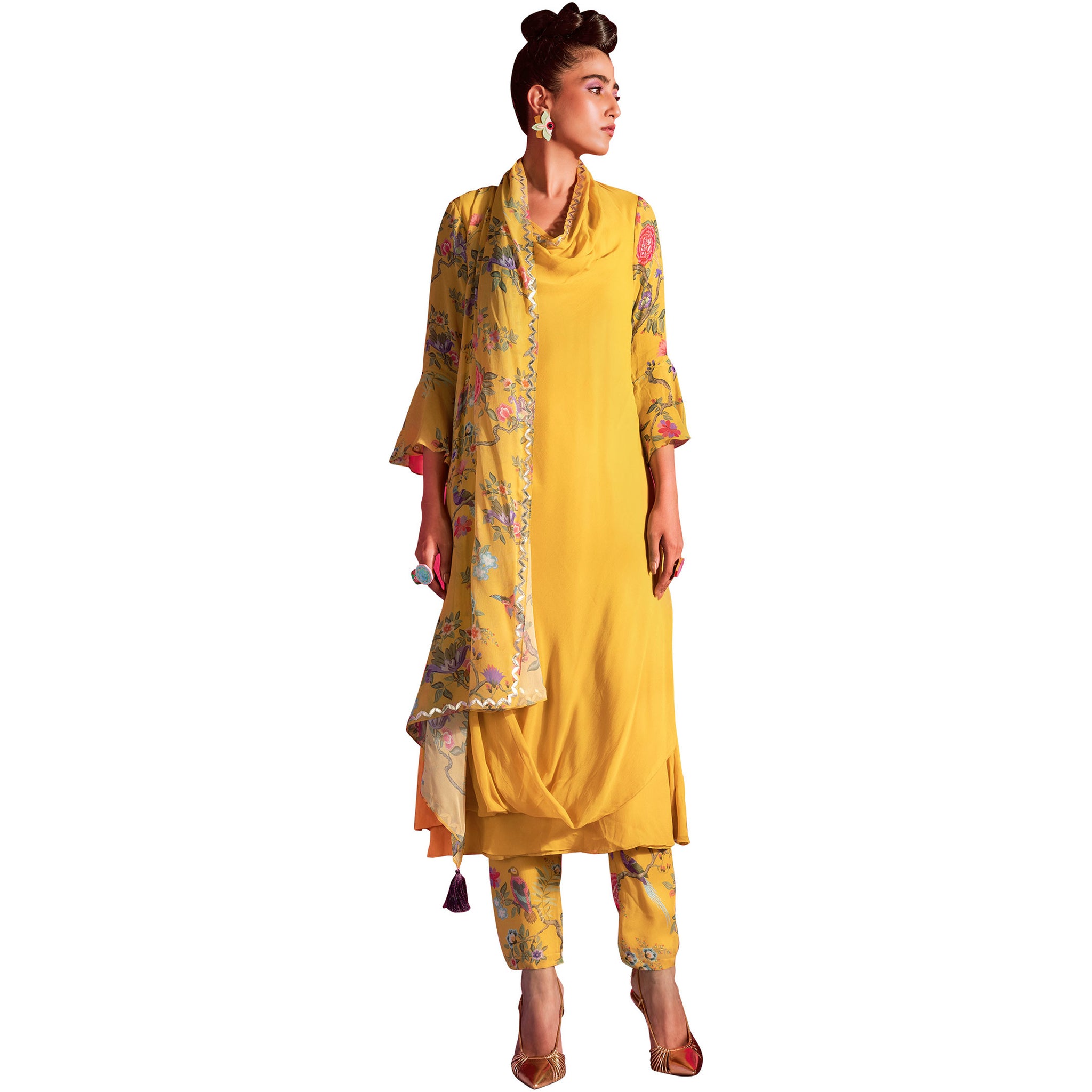 Embroidered Draped Tunic with Pants
