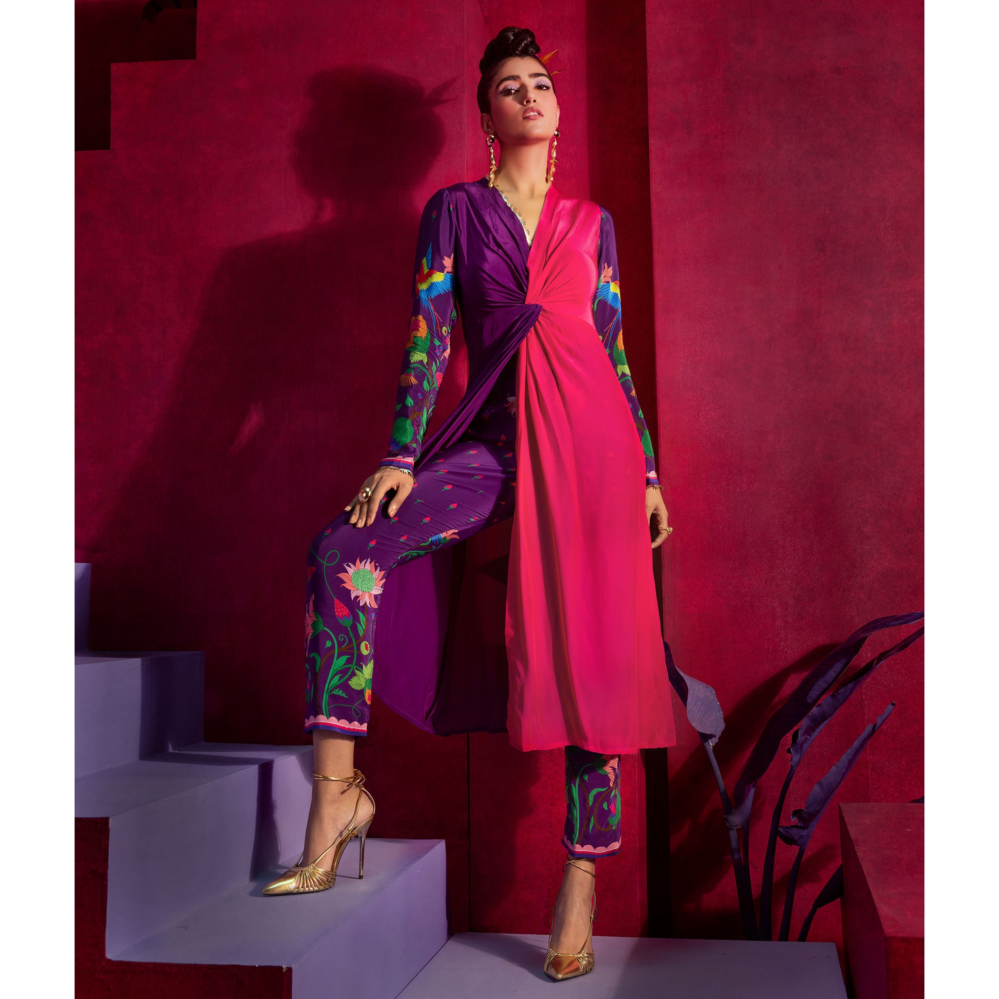 Embroidered Tunic Set with Knot Detail