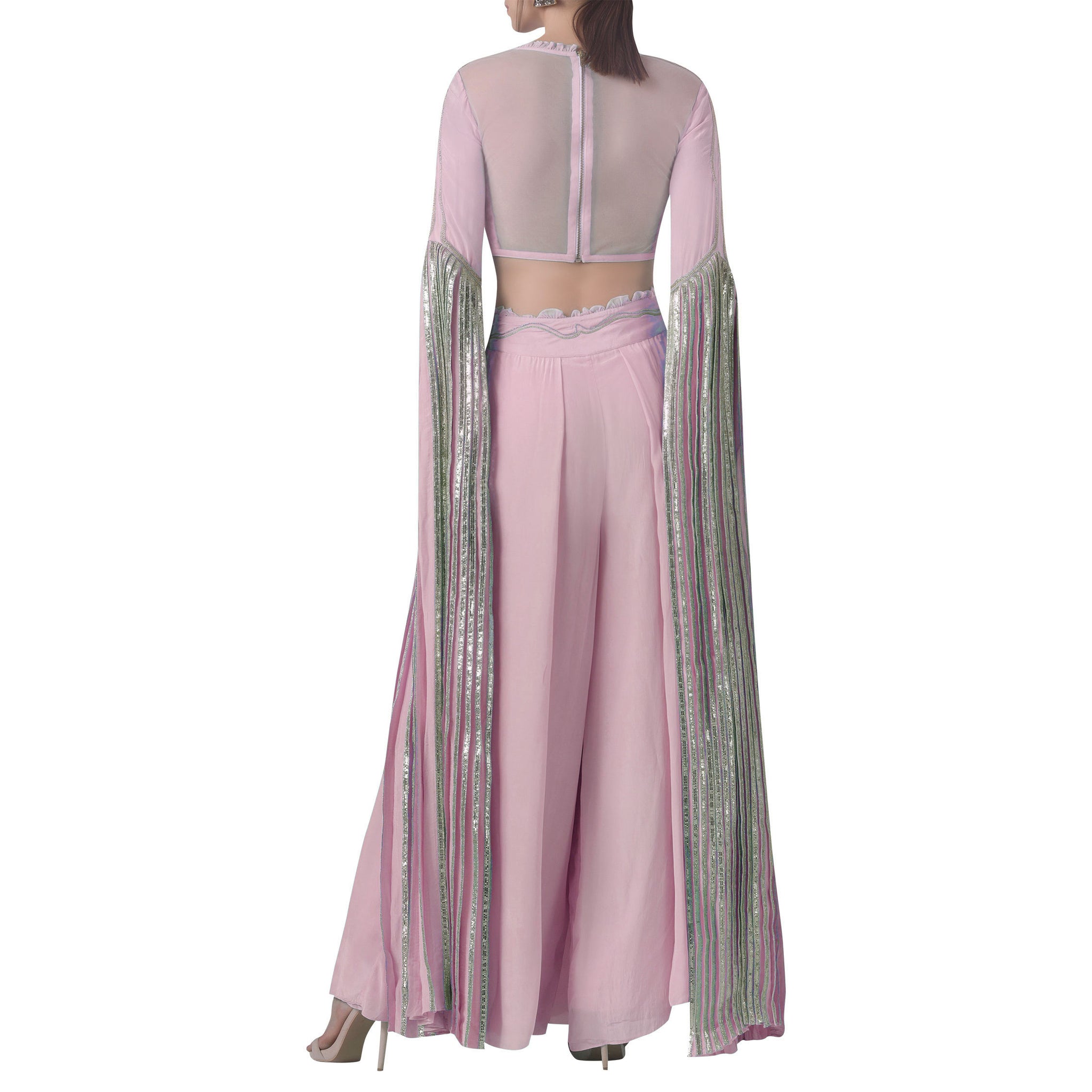 Embroidered Blouse with Exaggerated Sleeves Paired with Wide Legged Pants