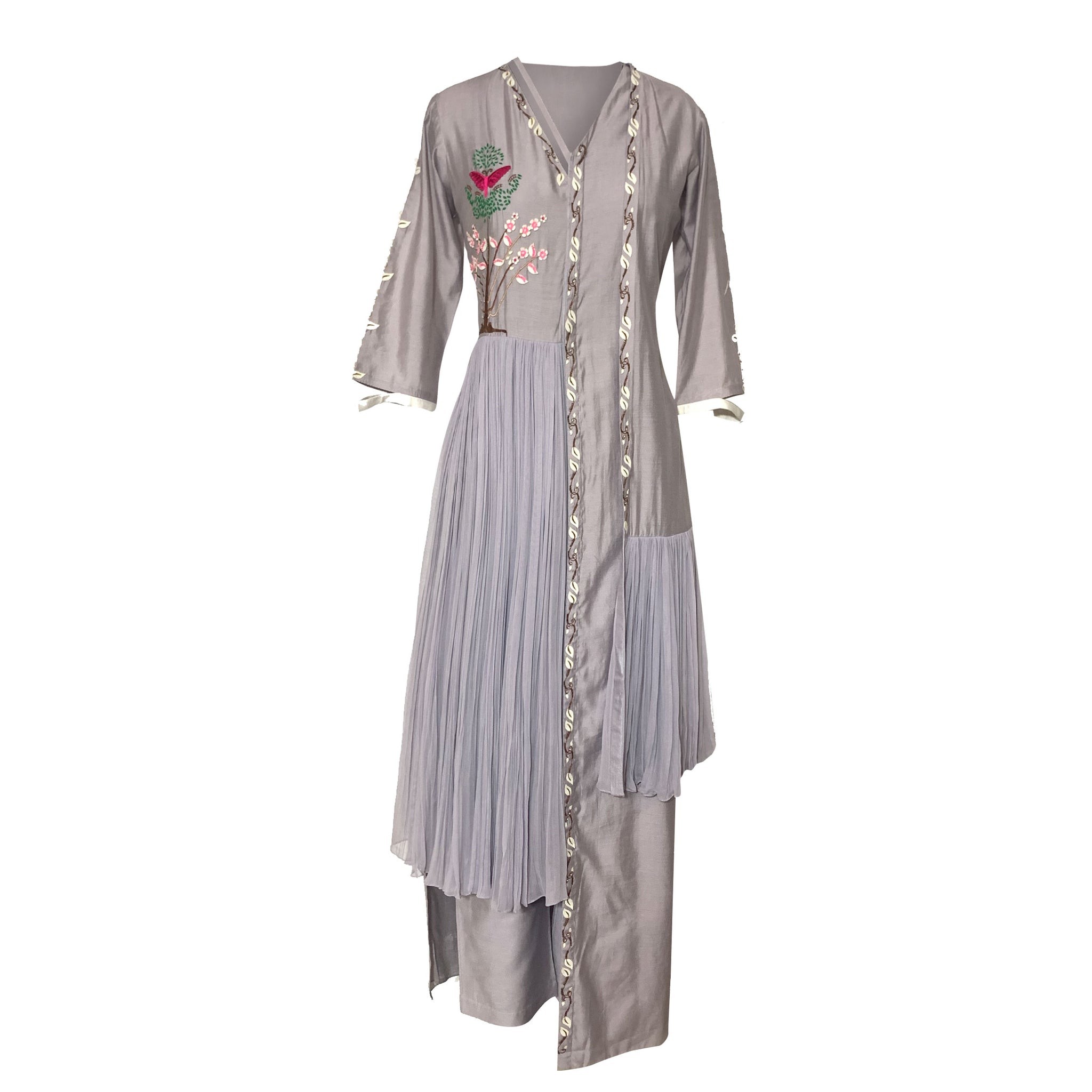 Embroidered Asymmetric Kurta set with High-Low Pleated Panels